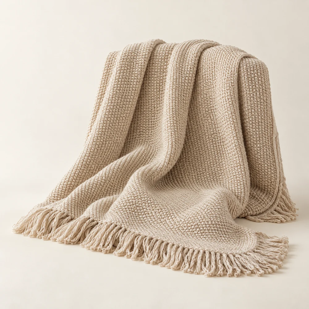Cotton Knit Throw — Oat, Rectangle