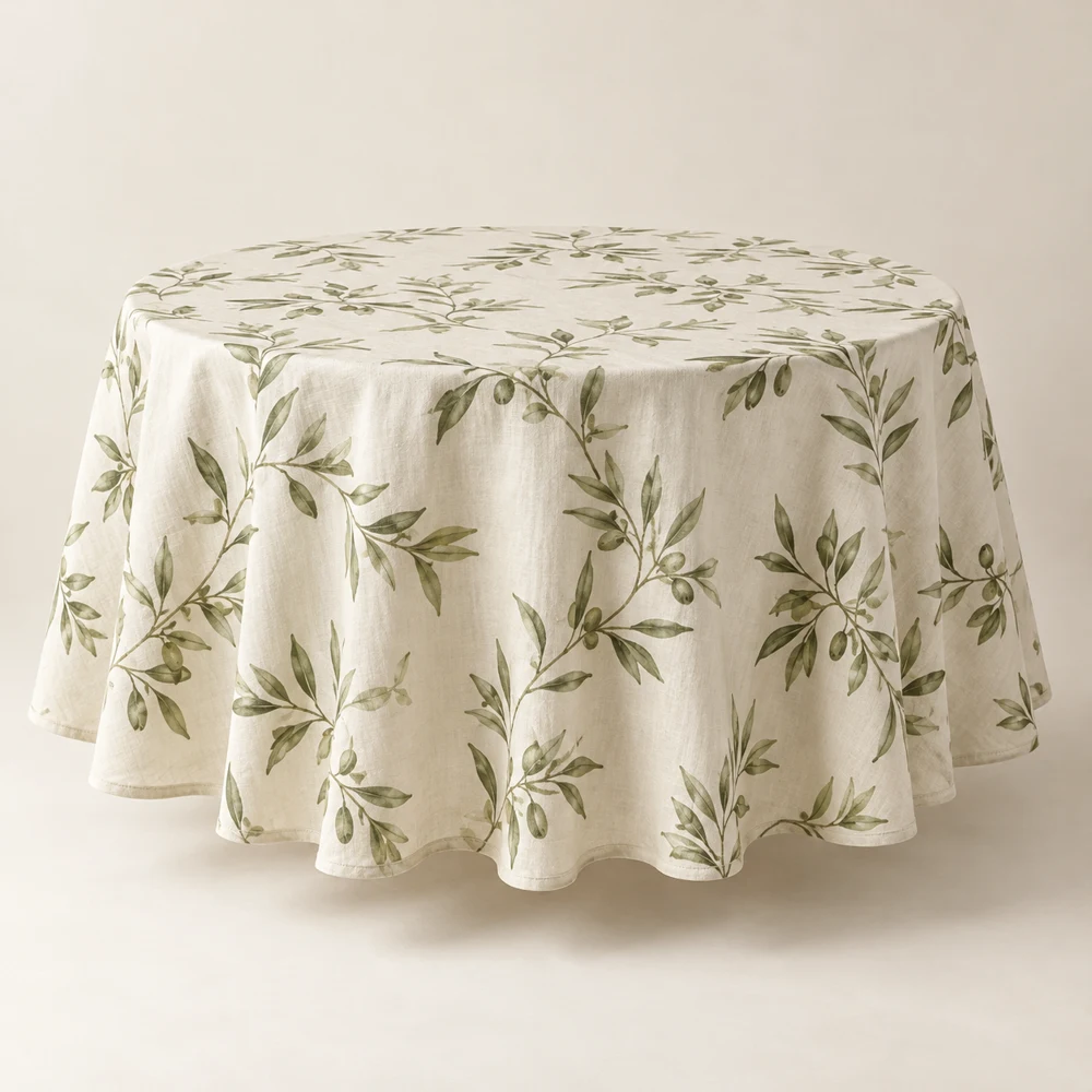 Botanical Round Tablecloth — Ivory and olive, Round