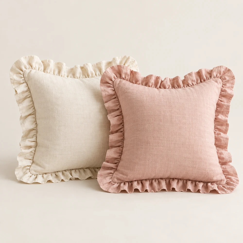 Ruffle Cushion Pair — Cream and blush, Square