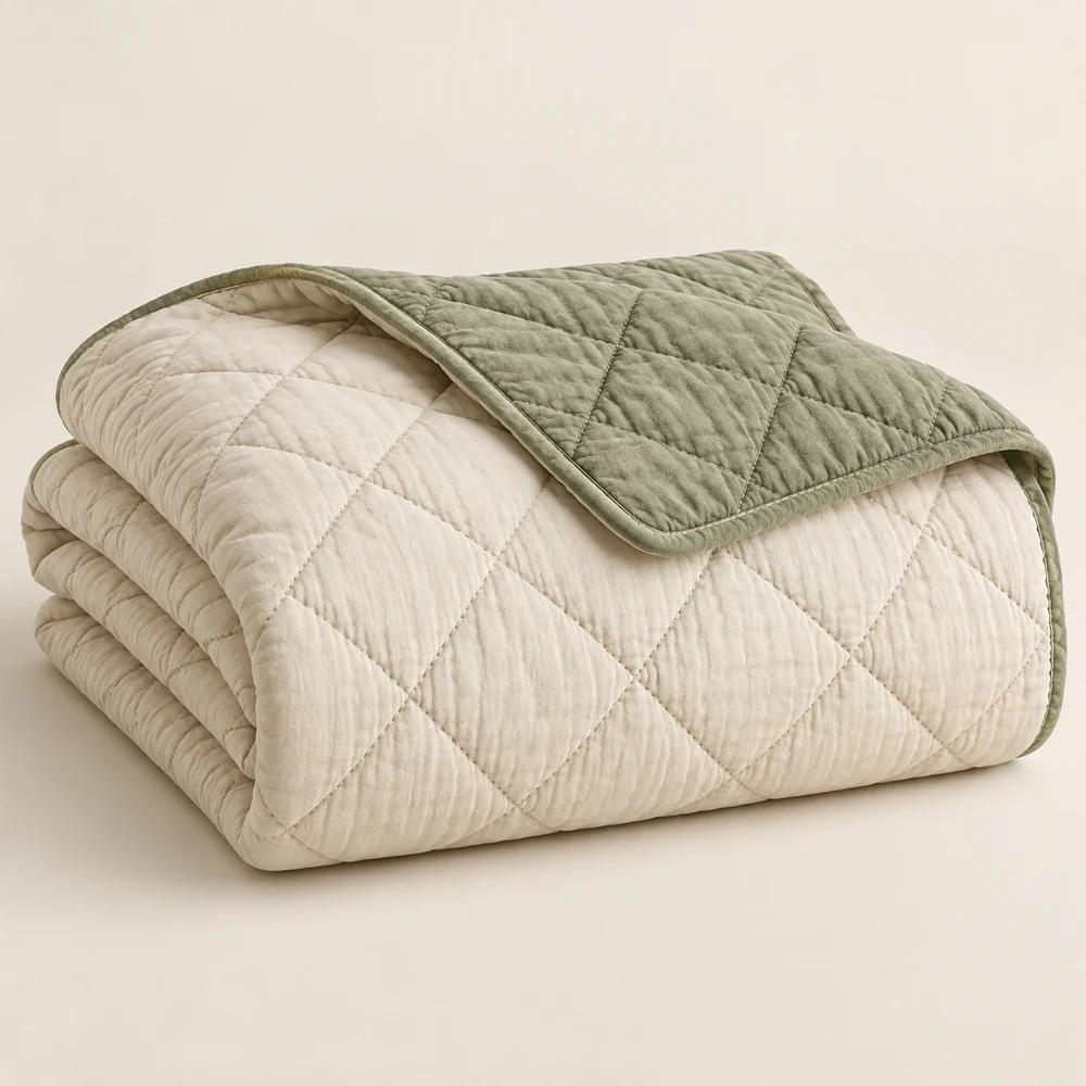Quilted Cotton Throw — Ivory and sage, Rectangle