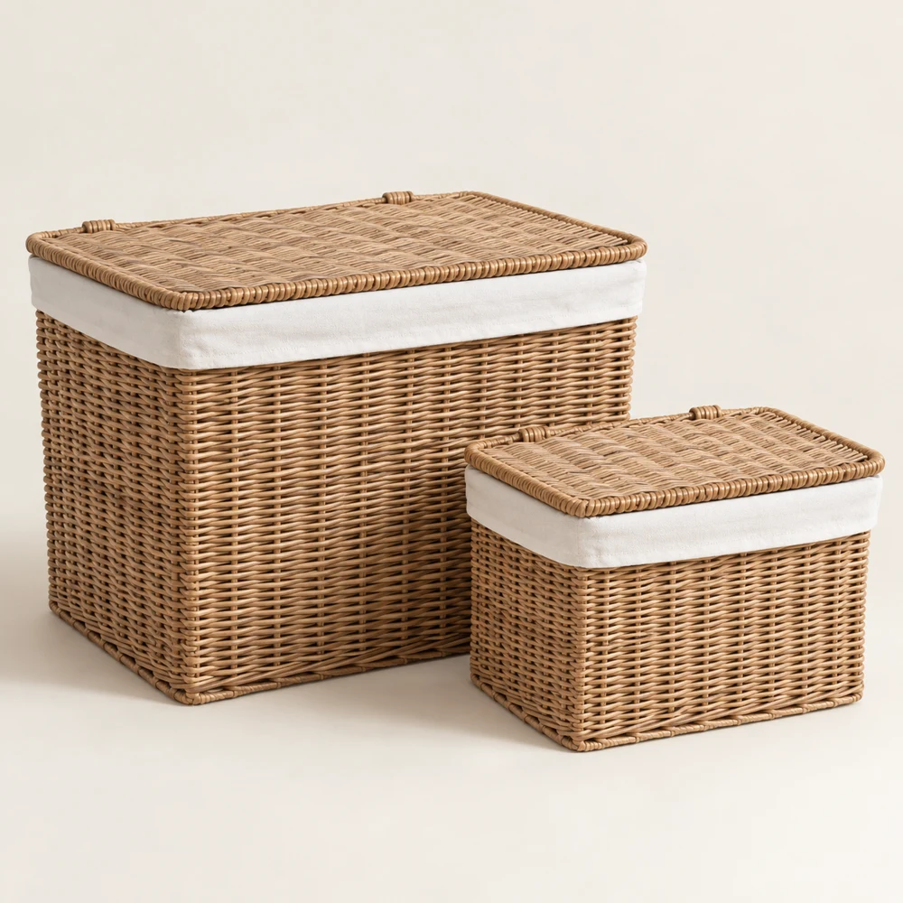 Lidded Basket Pair — Natural rattan, Basket