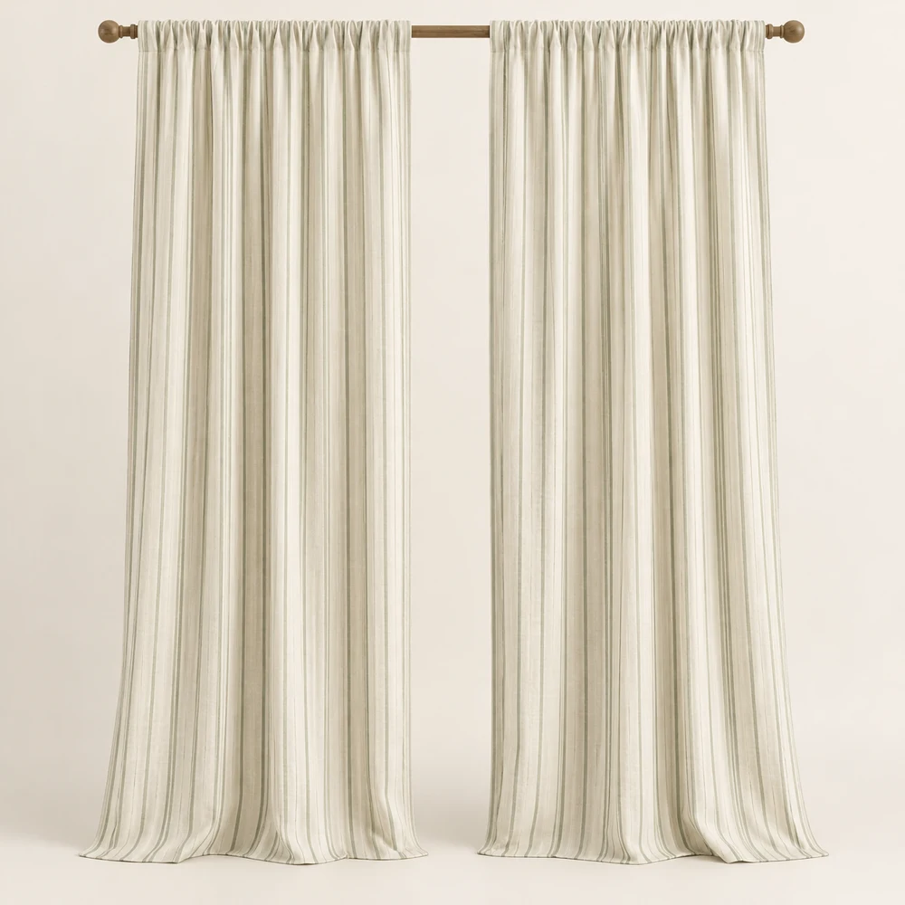 Country Cotton Curtain Pair — Warm white and sage stripe, Curtains